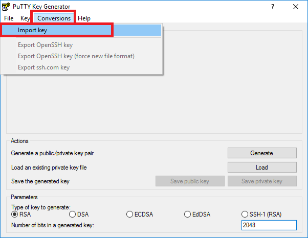 PuTTY Generator and Conversions | Import key