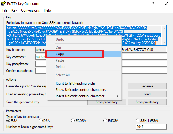 PuTTY Key Generator and Copy button