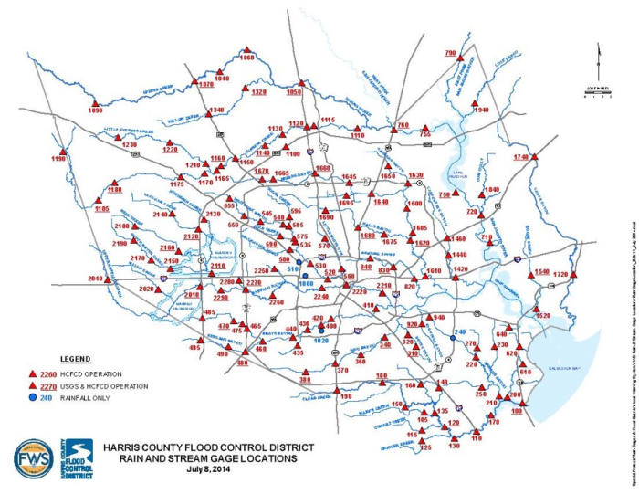 Map showing 139 Harris County ALERT/ALERT2 station locations